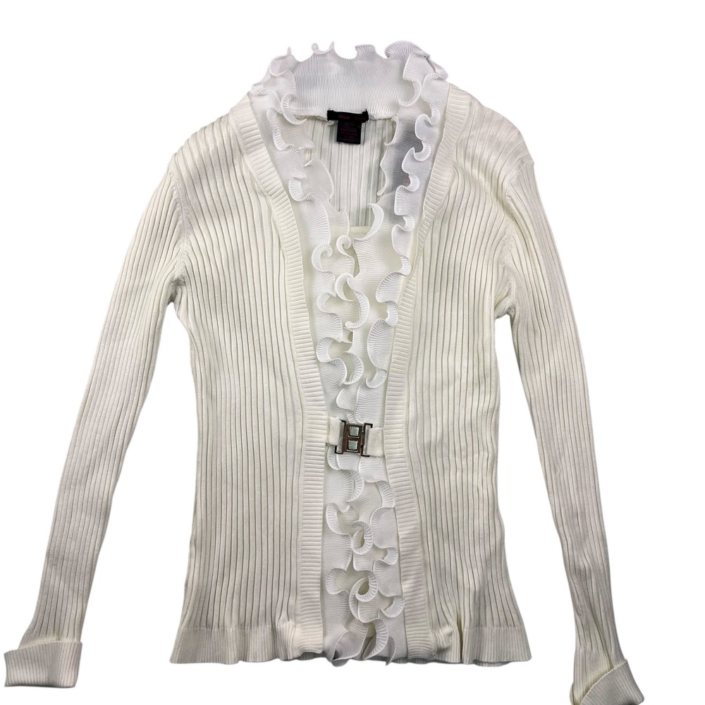 Alison Sheri Cream Ribbed Knit Ruffle Cardigan Sweater Women's XL Elegant‎